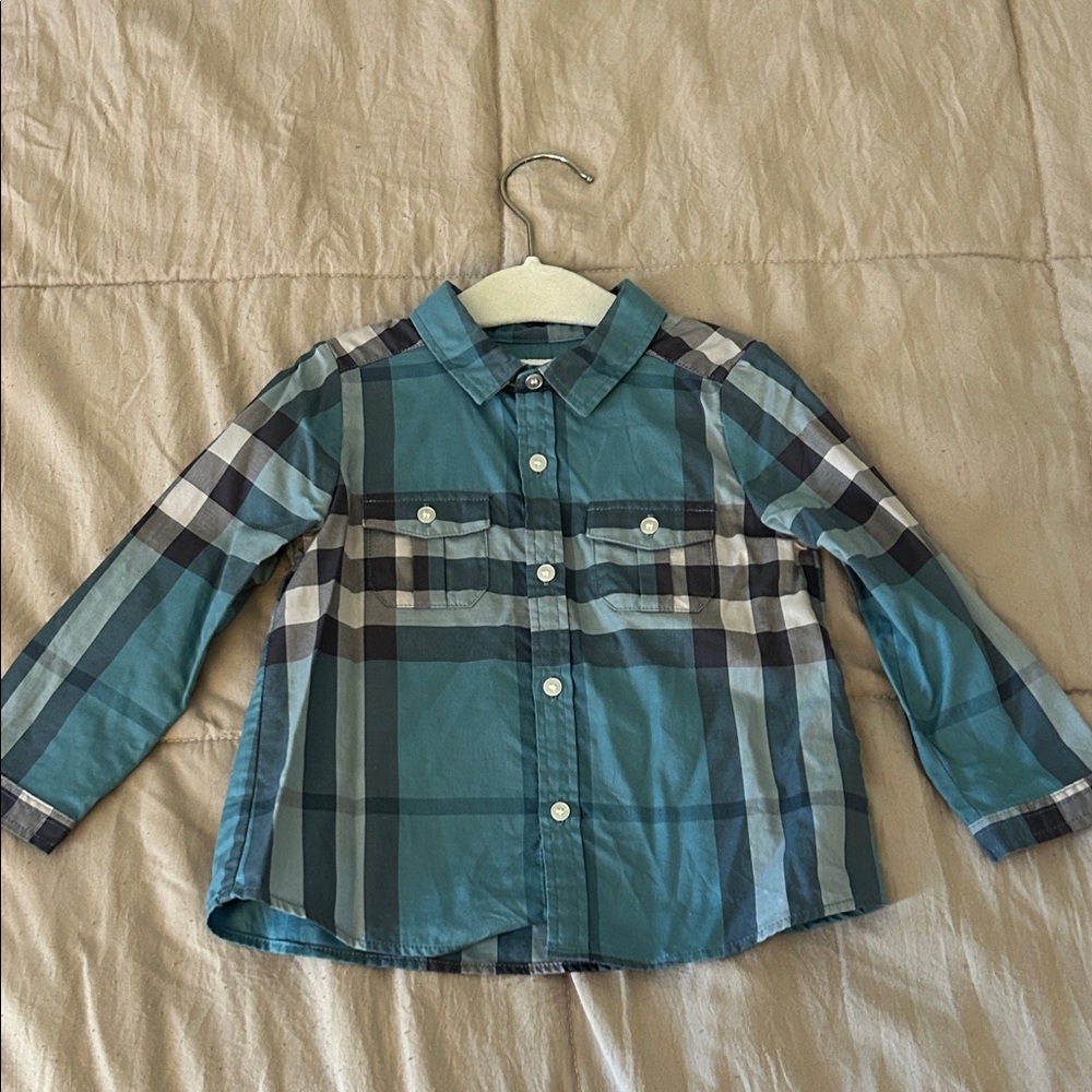 Authentic Burberry Baby Blue Plaid Long Sleeve Kids Shirt-18M